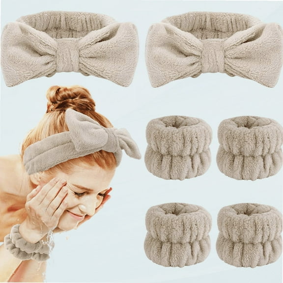 6 PCS Spa Headband with Wrist Washband Face Wash Set, Makeup Headband and Wristband Towel Scrunchies( Light coffee)