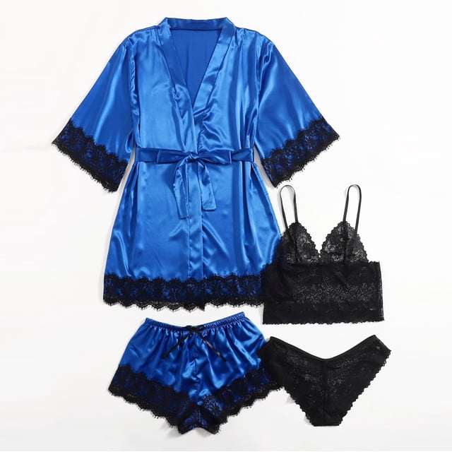 DPTALR Women Plus Size Sexy Lingerie Silk Robe Satin Bathrobe Four-piece Set Sleepwear Pajamas