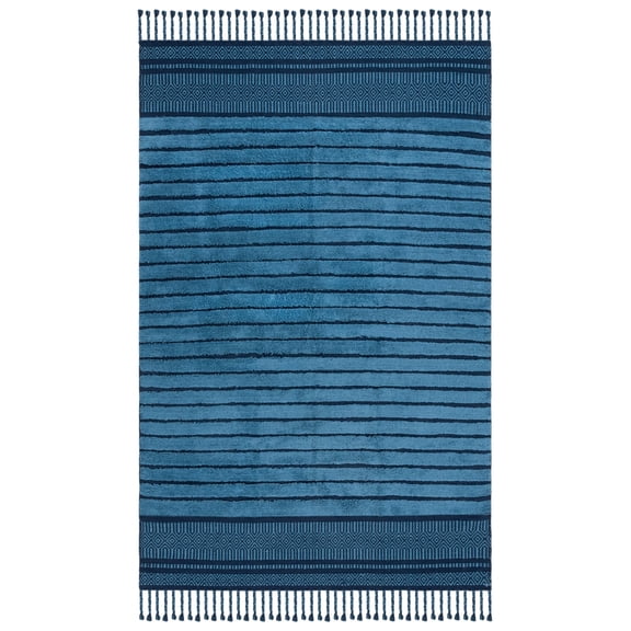 SAFAVIEH Kilim Collection Area Rug - 6' x 9', Blue & Natural, Boho Stripe Braided Tassel Design, Handmade Cotton, Ideal for The Living Room, Bedroom, Dining Room KLC401L-6