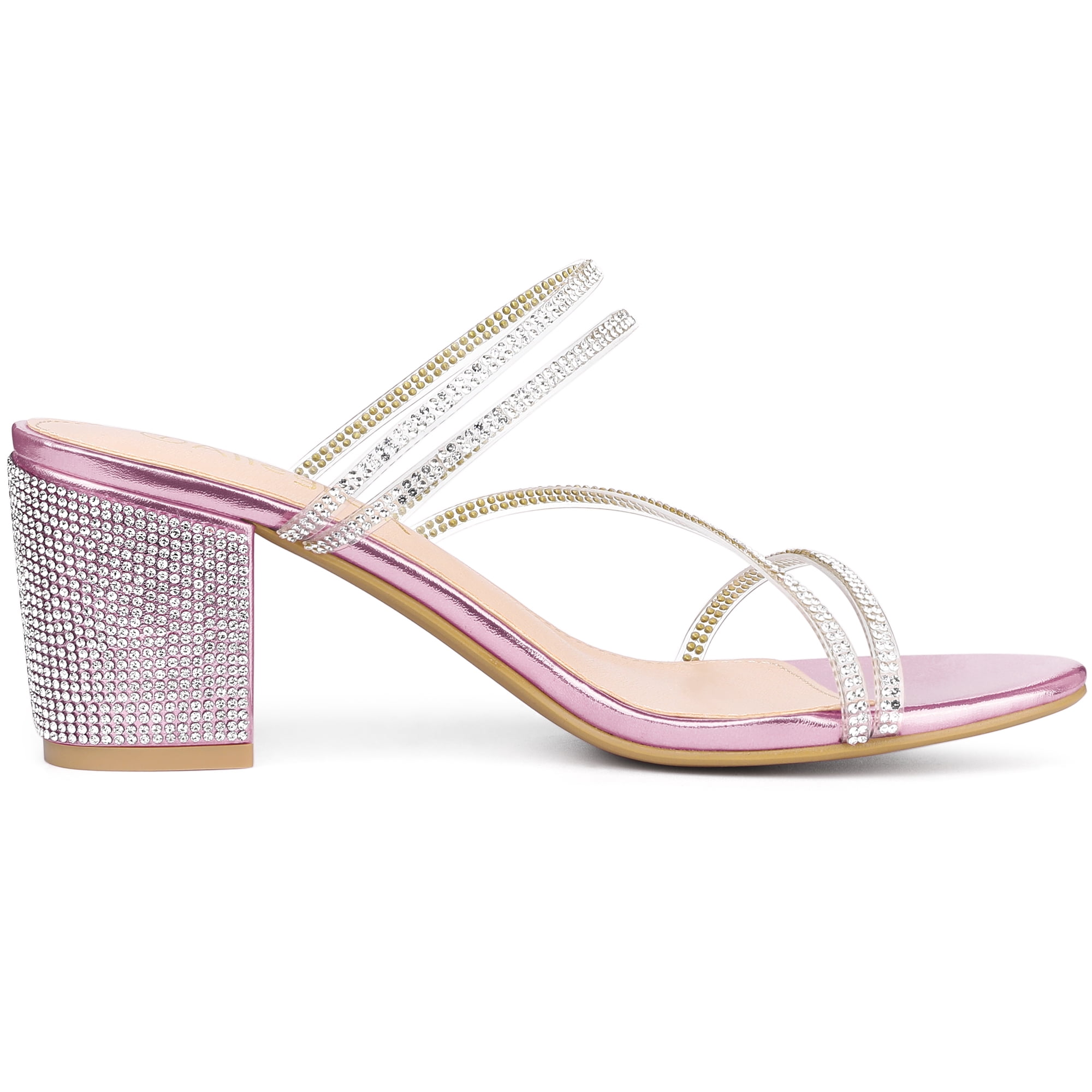 DARING DIVA Women's Rhinestone Block Heel Slide Sandals Pink 8
