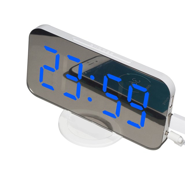 Pantalla LED Reloj digital Reloj despertador de mesa regulable automático con modo de repetición Puerto USB doble, Pantalla blanca y azul Sweethay EL3016-04B