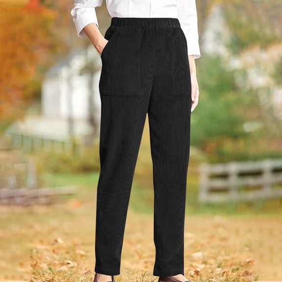 Plus Size Women's Pants Solid Color Vintage Corduroy Elastic Waist Straight Leg Casual Long Trousers with Pockets Black 3XL