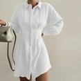 thumbnail image 2 of Womens Plus Size Puff Long Sleeve Mini Shirts Dress Button Down Turndown Collar Short Blouse Dress Ruched Plain Dress, 2 of 5