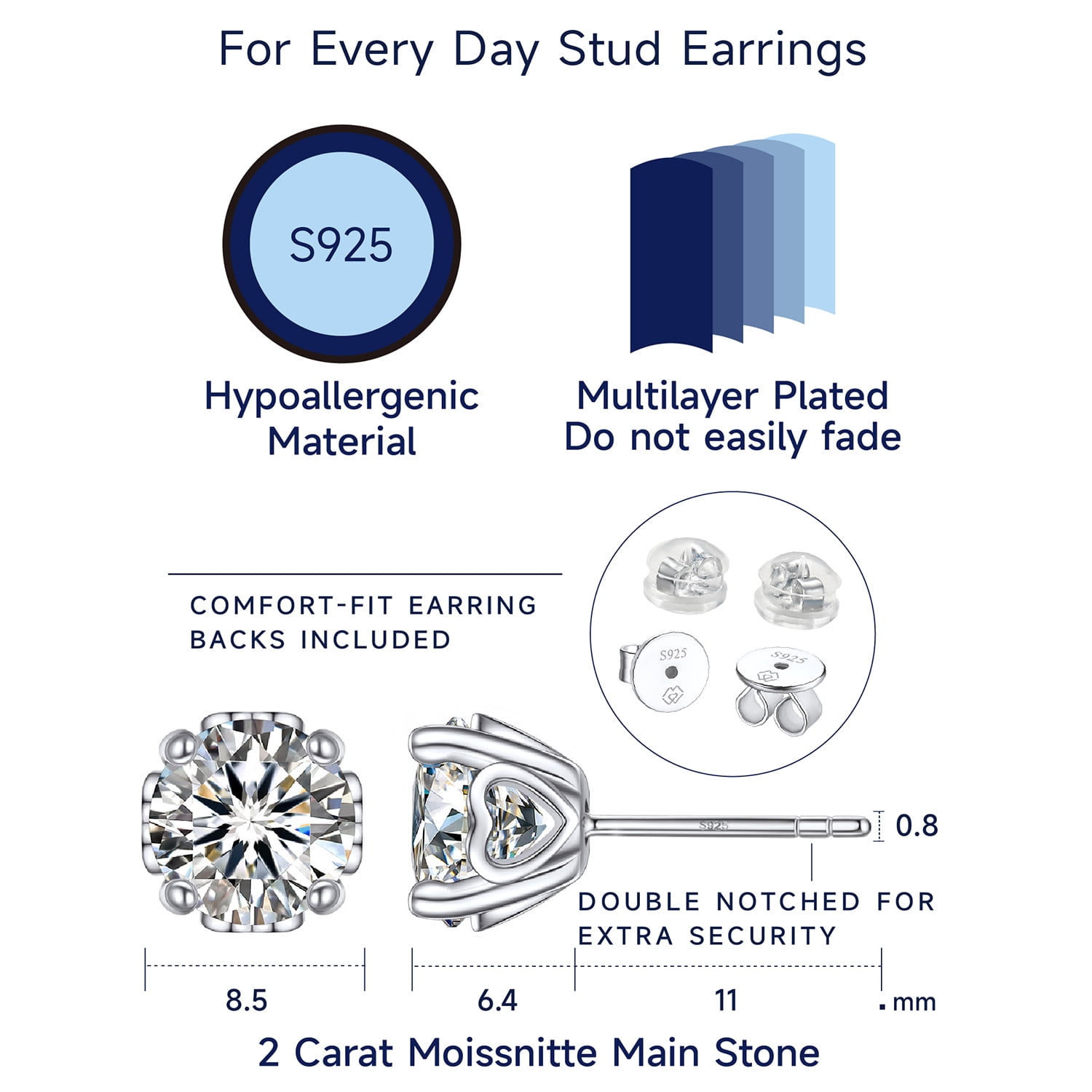 MomentWish 4 Carat Round Moissanite Solitaire Stud Earrings in 18k White Gold Plating Valentine Mother's Day Gift for Women