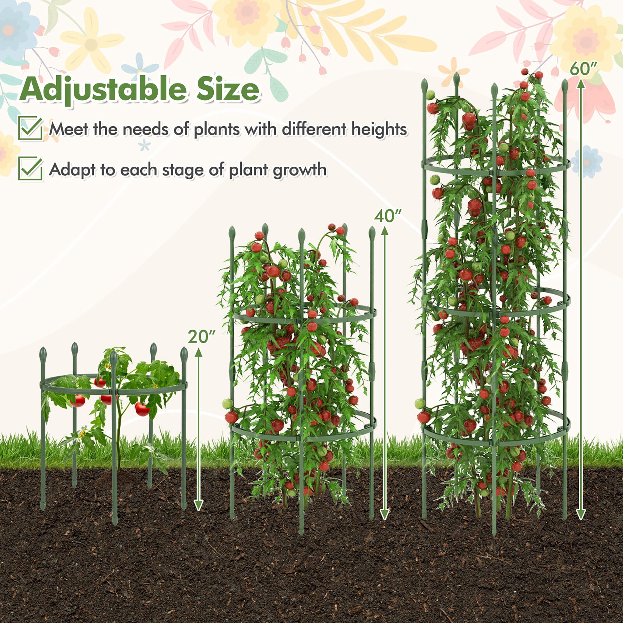 Gymax 3-Pack Garden Tomato Trellis 60'' Plant Support Cage w/ Adjustable Size for Plants