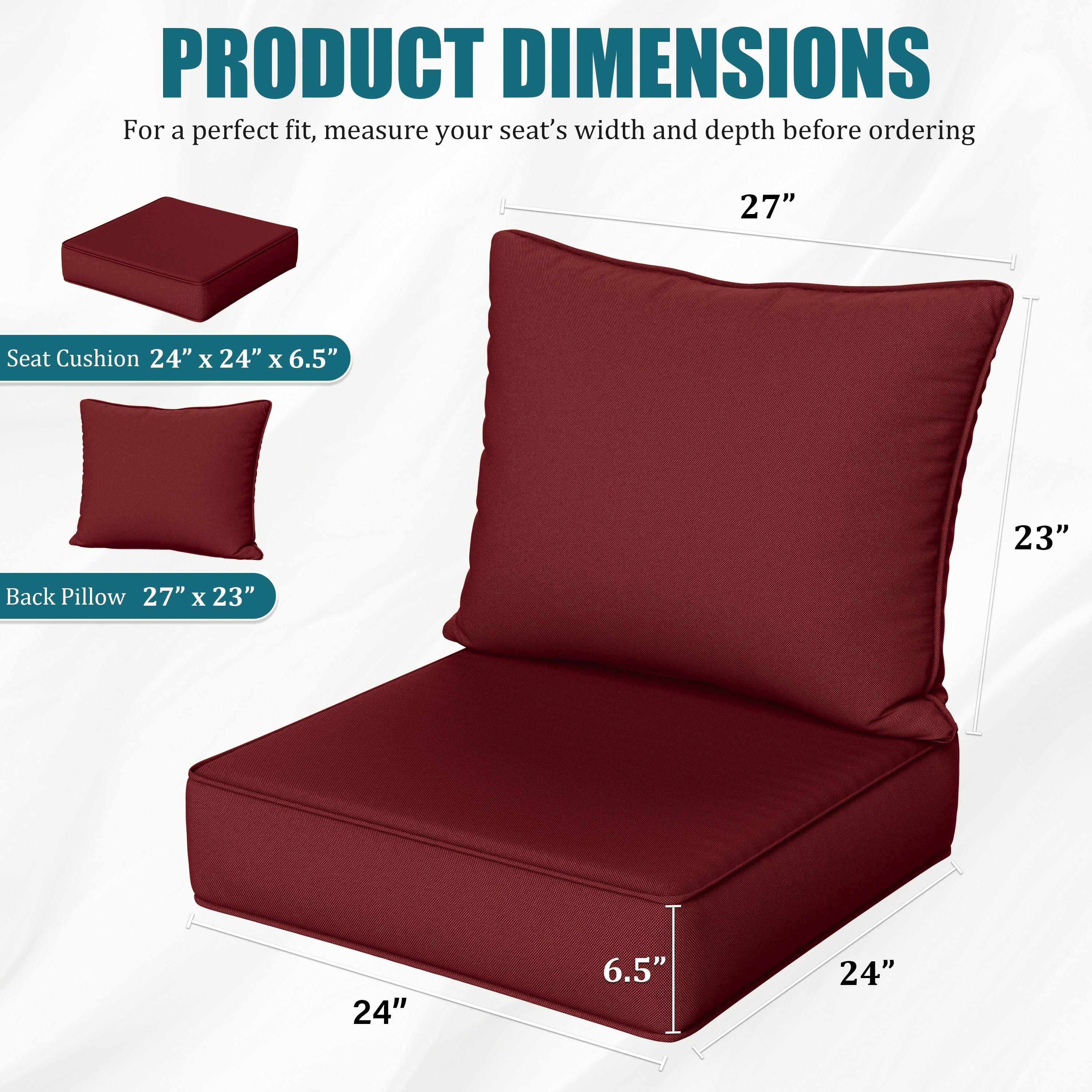 Kimunuk 6 Pack Outdoor Deep Seat Cushion Set, 24" x 24" x 6.5" Patio Furniture Chair Cushions Replacement for Sofa Couch, Burgundy