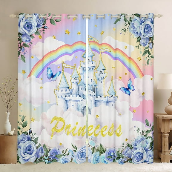 Erosebridal Blue Castle Print Curtains for Living Room, Kawaii Princess 30%-50% Blackout Curtains Set of 2 (38x45), Romantic Rose Floral Curtains and Drapes (38x45), Window Curtains Room Decorative
