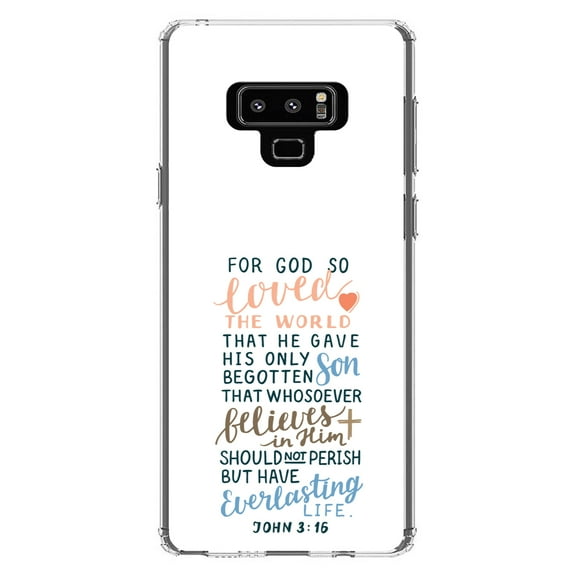DistinctInk Clear Shockproof Hybrid Case for Samsung Galaxy Note 9 - TPU Bumper, Acrylic Back, Tempered Glass Screen Protector - John 3:16 - For God So Loved The World