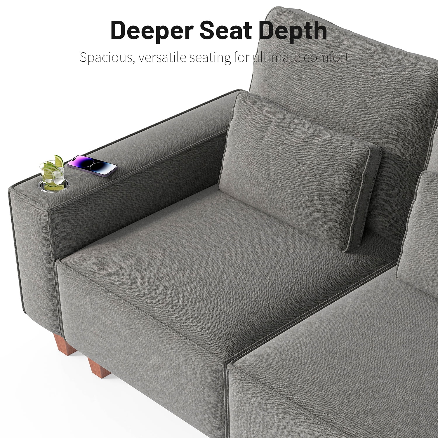 BSHTI Chenille Deep Seat 3-Seater Sofa with Brushed Stainless Steel Cup Holders and 3 Decorative Pillows – Modern Comfortable Couch for Living Room
