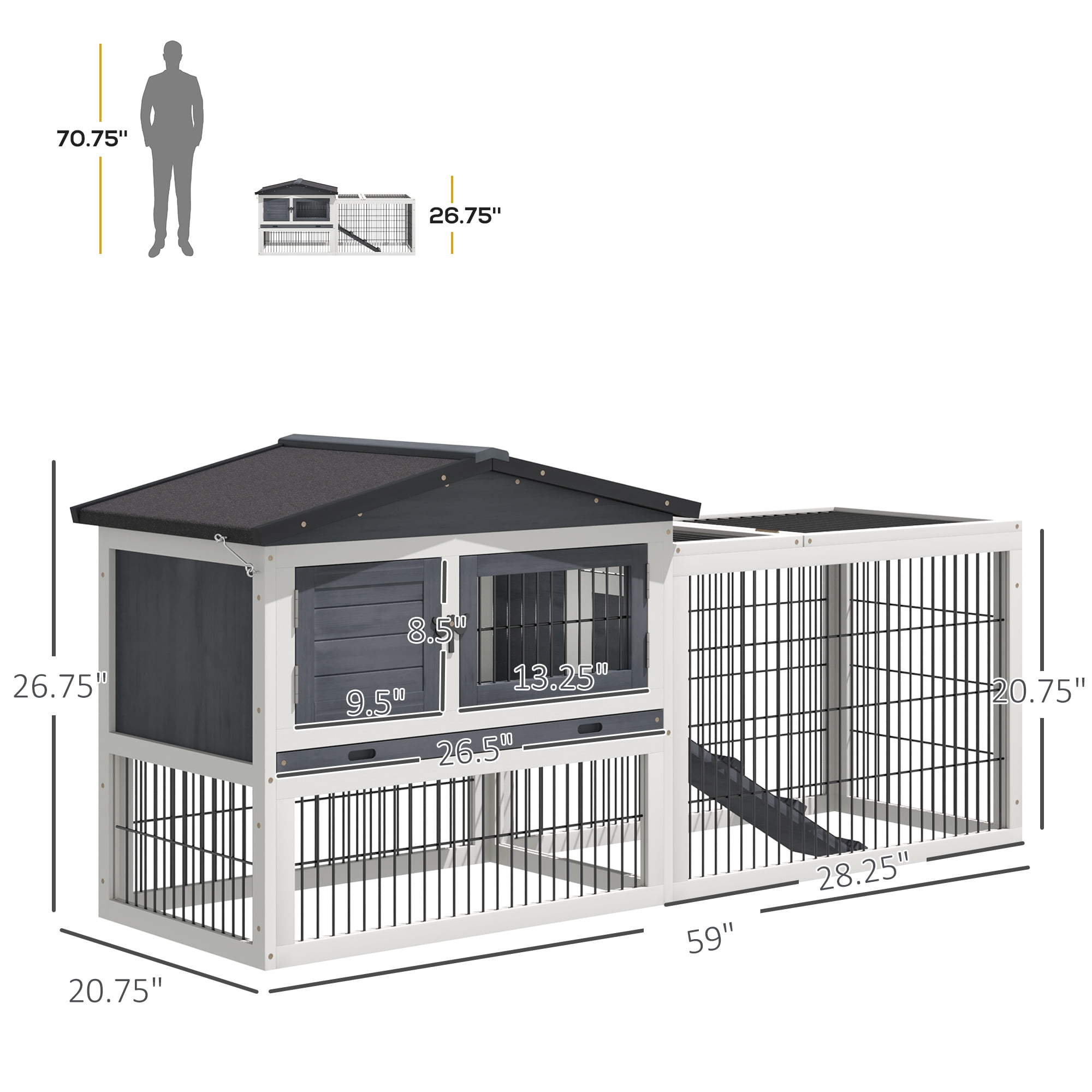 Pawhut Solid Wood Rabbit Hutch with 2 House Levels and Patio Space, Strong Black Metal Cage Wire, and Easy Clean Tray