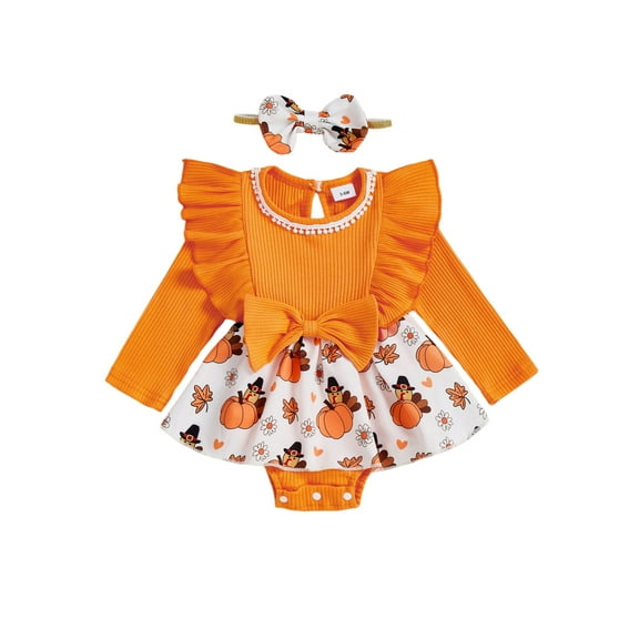 Miaouyo Infant Baby Girls 2Pcs Thanksgiving Fall Outfits 0 3 6 9 12 18 Months Turkey Print Skirt Romper with Headband