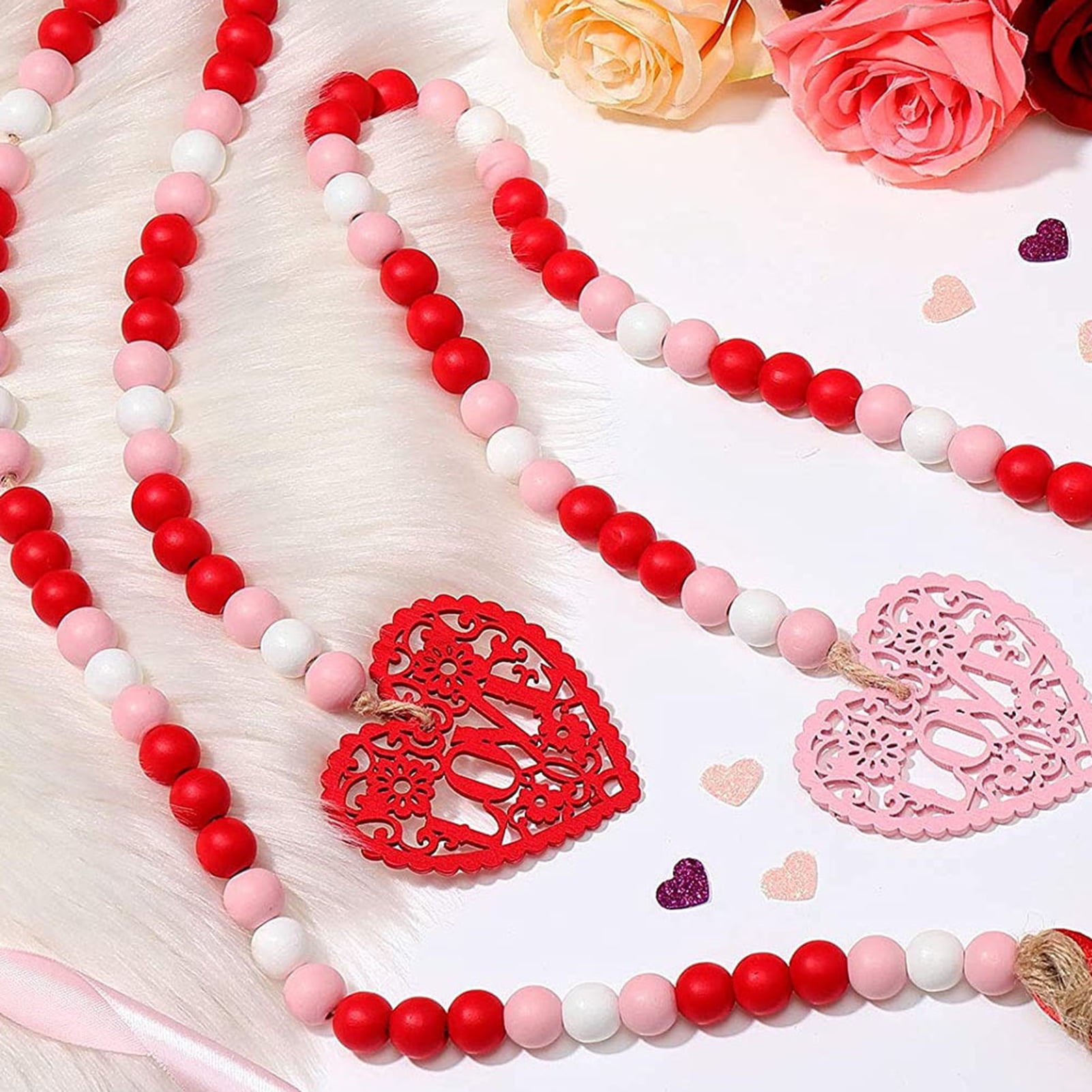IMIKEYA 3pcs Valentine's Day Wooden Beads Heart Wooden Beads Tassel Garland  Heart Bead Garland Heart Valentines Day Beads White Tassel Tray Decor
