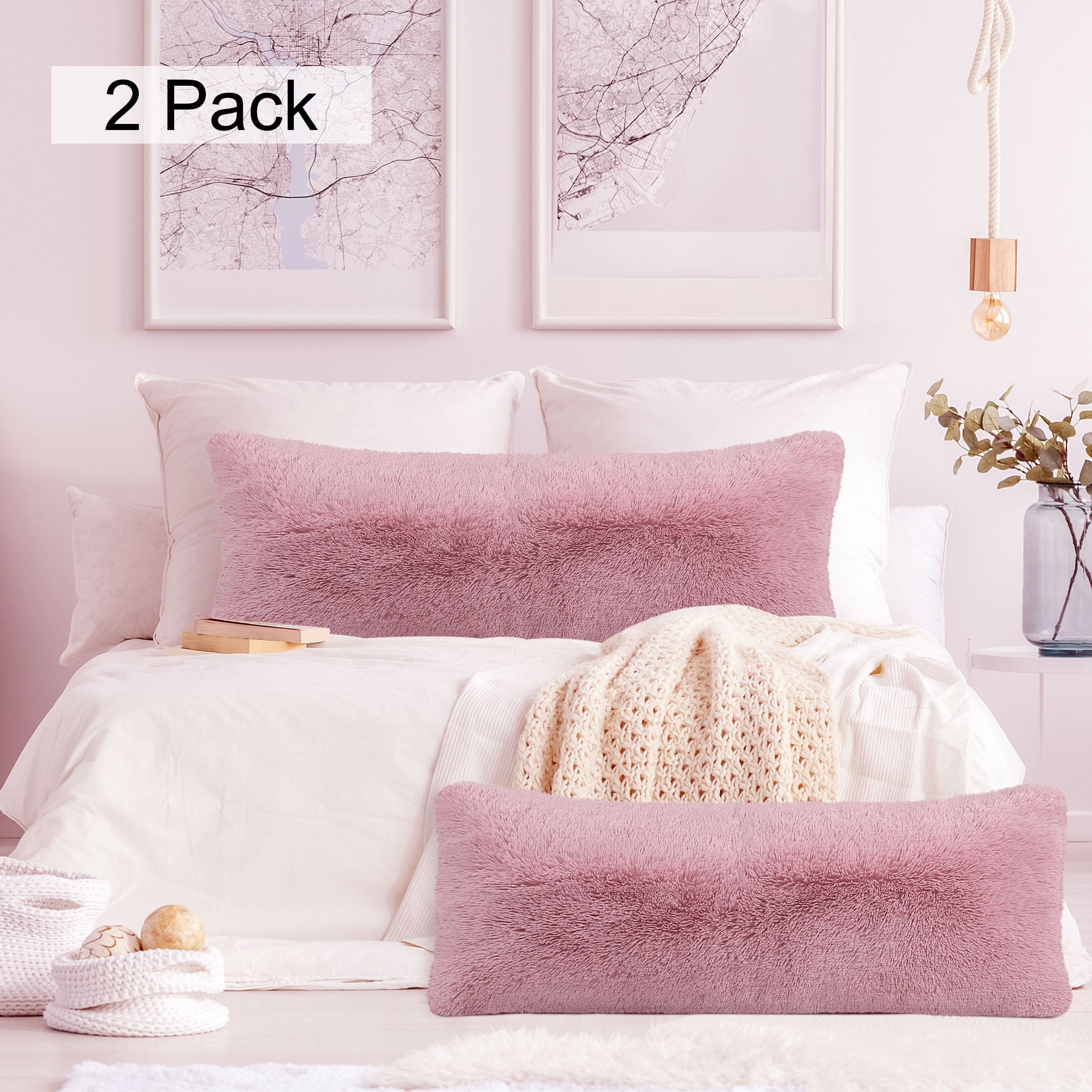 Mauve Faux Mongolian Fur Body Pillow Cover with Zipper 20"x48" 2Piece