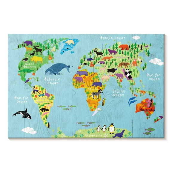Elephant Stock Domestic Animals World Map Wall Art - Horizontal Canvas Wall Art - Living Room Wall Decor - Map Canvas - Beige And Gold Decor - 12" x 8"