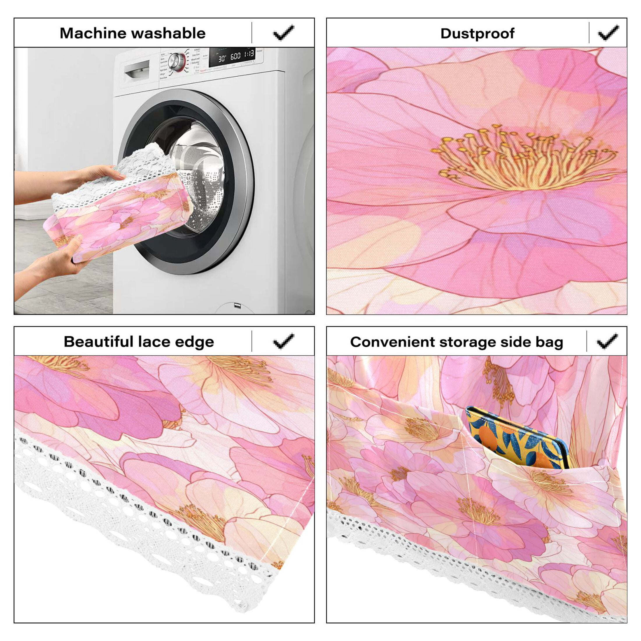 Wobogo Pink Camellia Washing Machine Cover Dustproof Washer Dryer Cover Waterproof Laundry Room Decorative Protector