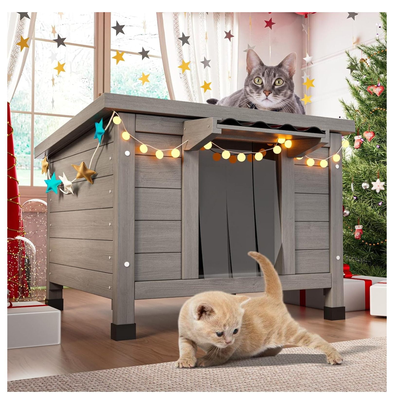 Outdoor Cat House Insulated - Waterproof Feral Cat Shelter for Multiple Cats, Raised Floor, 21.3"L x 19.9"W x 18.9"H