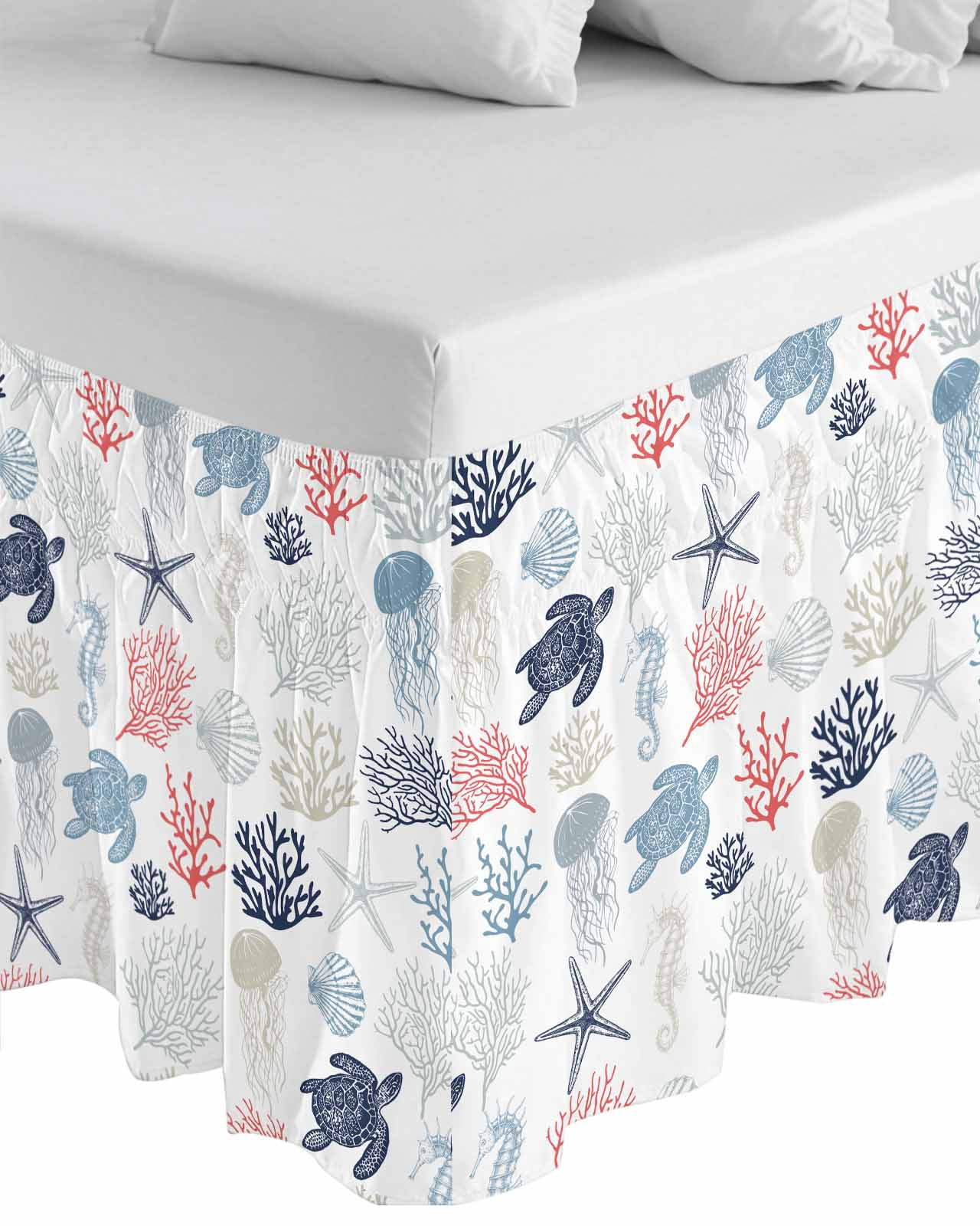 Blue Red Coastal Bed Skirt King Size, Nautical Summer Beach Coral Sea Turtle Wrap Around Bed Skirting with Adjustable Elastic Strap, Dust Ruffled Pleated Bedskirts 18 Inch Drop for Bedroom King Beds