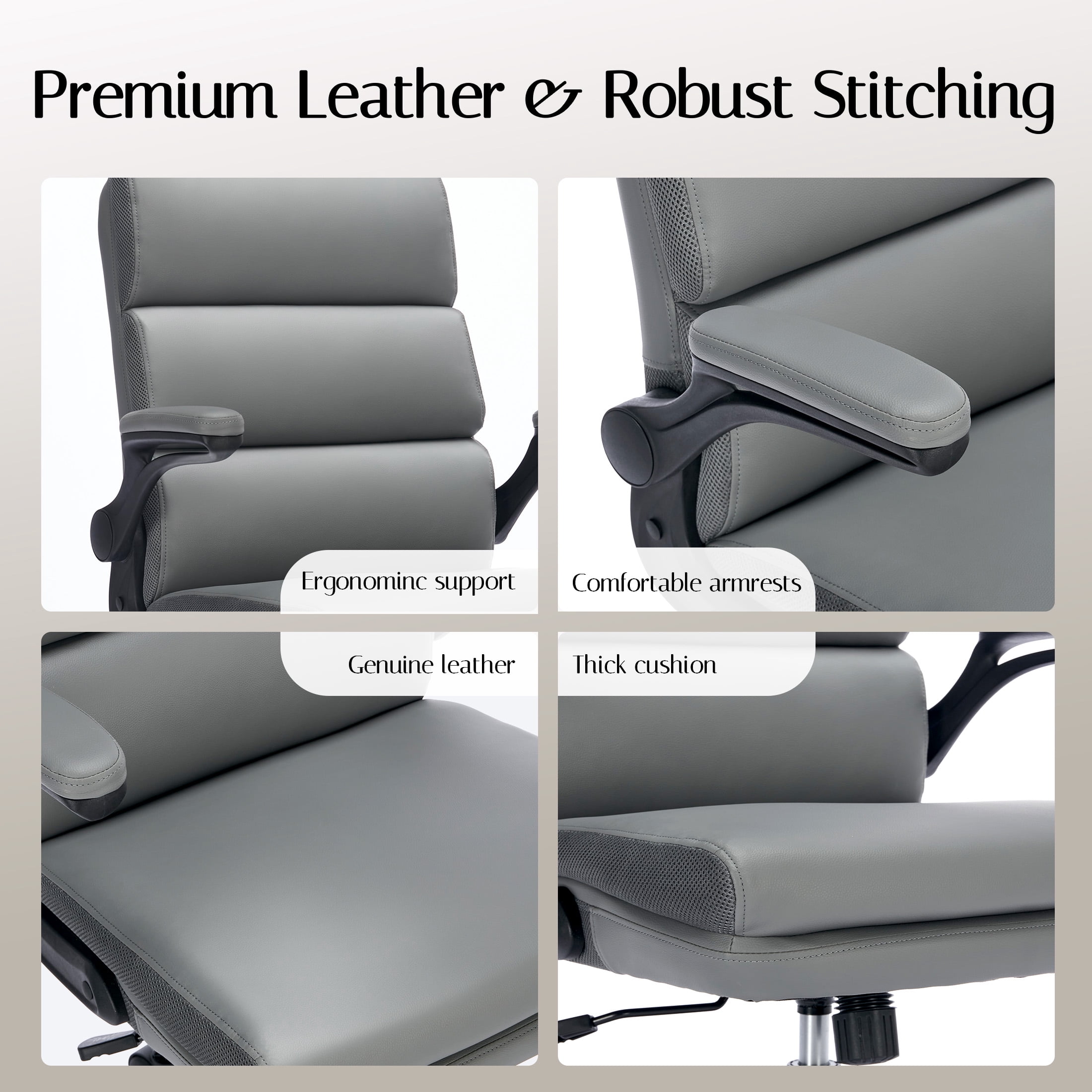 TMV Ergonomic Executive Desk Chair - PU Leather Adjustable Arm Swivel Office Chair for Vanity Desk, Home & Executive Desk,Grey