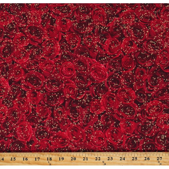 Cotton Roses Flowers Fragrance Sparkly Nature Floral Valentine's Day Red Cotton Fabric Print by the Yard (ROSE-CM1252RED)