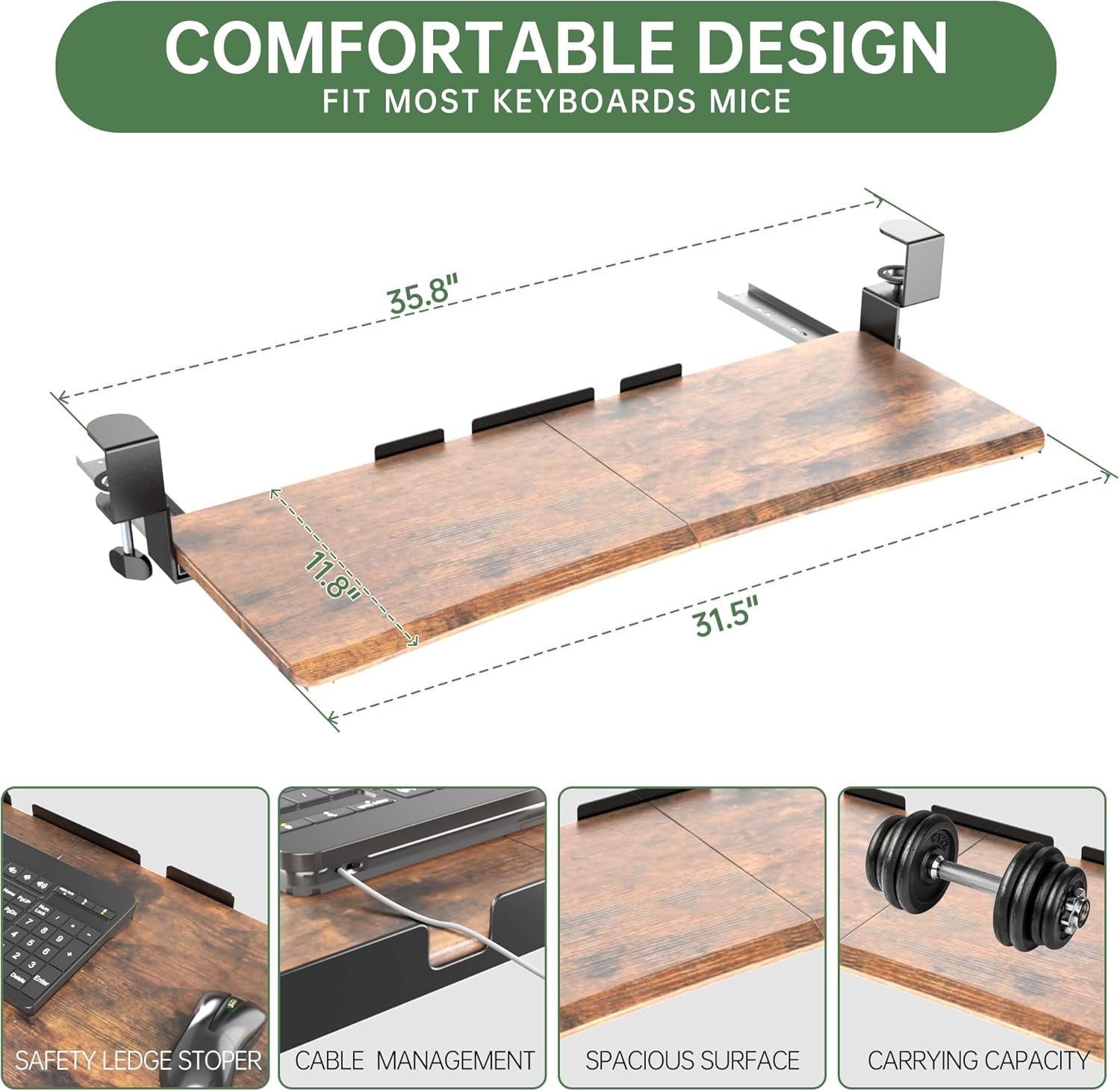 Extra Large Keyboard Tray Under Desk - Slide Out with Sturdy C-Clip Mount System, 31.5" (35.8" Including Clamps) x 11.8" Put-Out Keyboard Tray Computer Drawer for Ergonomic Typing