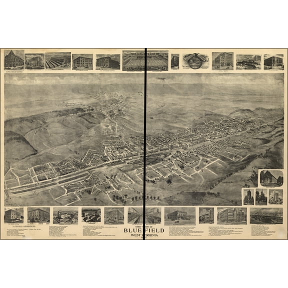 24"x36" Gallery Poster, Aero view map of Bluefield, West Virginia 1911