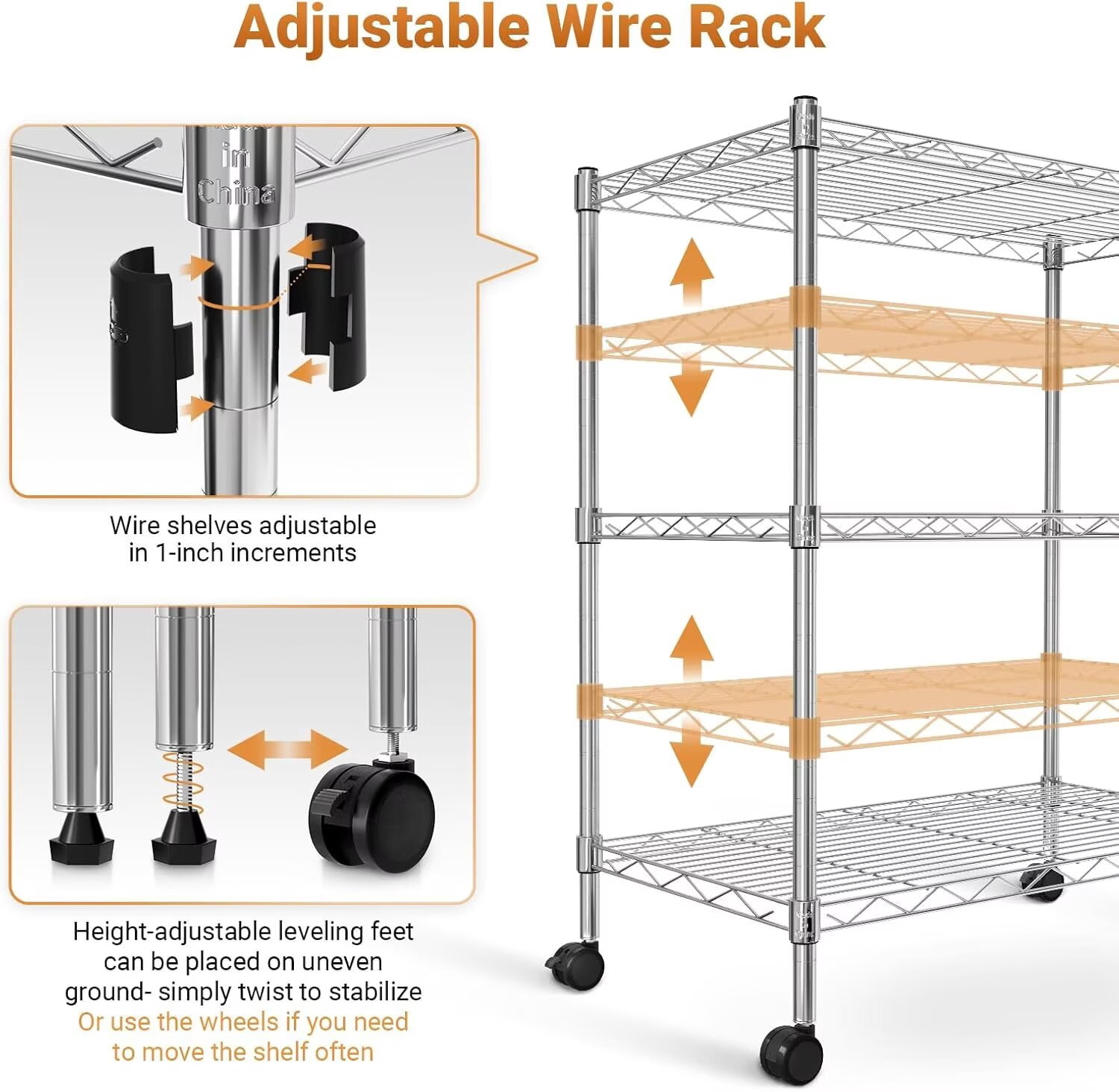 QUIOCOZY Heavy Duty 3-Tier Wire Shelving with Wheels, Adjustable Steel Storage Rack, 750 Lb Capacity, Chrome, 24" x 14" x 30"