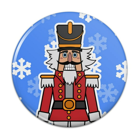 Grinning Nutcracker Soldier with Snowflakes Pinback Button Pin