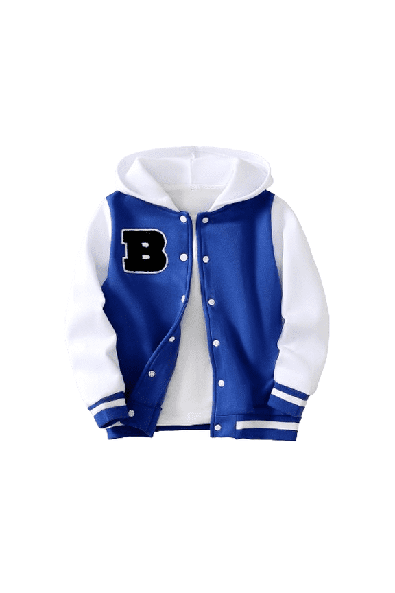 Kid Boys Coat "B" Embroidery 13 Years Child Boys Color Block Hooded 14 Years Big Boys Patchwork Casual Baseball Jacket Blue
