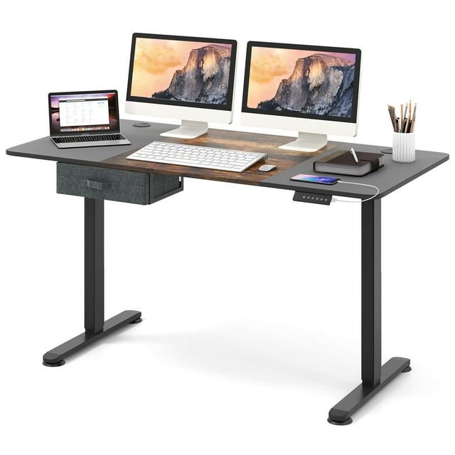 Costway Electric Standing Desk 55'' x 28'' Height Adjustable Sit Stand with USB Charging Port Brown