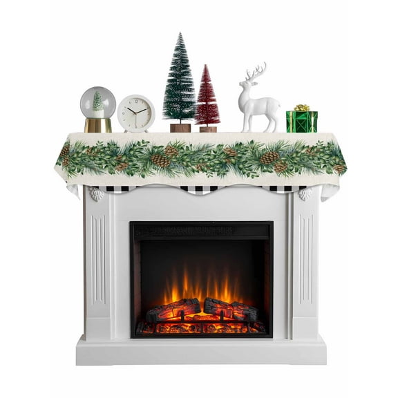 Christmas Pine Needle Mantel Scarf Fireplace Decorations for Living Room, Xmas Pine Cones Black White Plaid Fireplace Mantel Scarf Cover Runner for Halloween/Thanksgiving/Christmas Decor 70"x17"