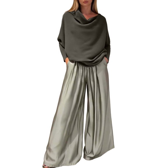 Womens Outfits Women's Elegant Off Shoulder Blouse and Satin Wide Leg Pants Two Piece Set Fashionable Monochrome Dressy Evening Ensemble Solid Color Crew Neck Long Sleeve Full Length Green L