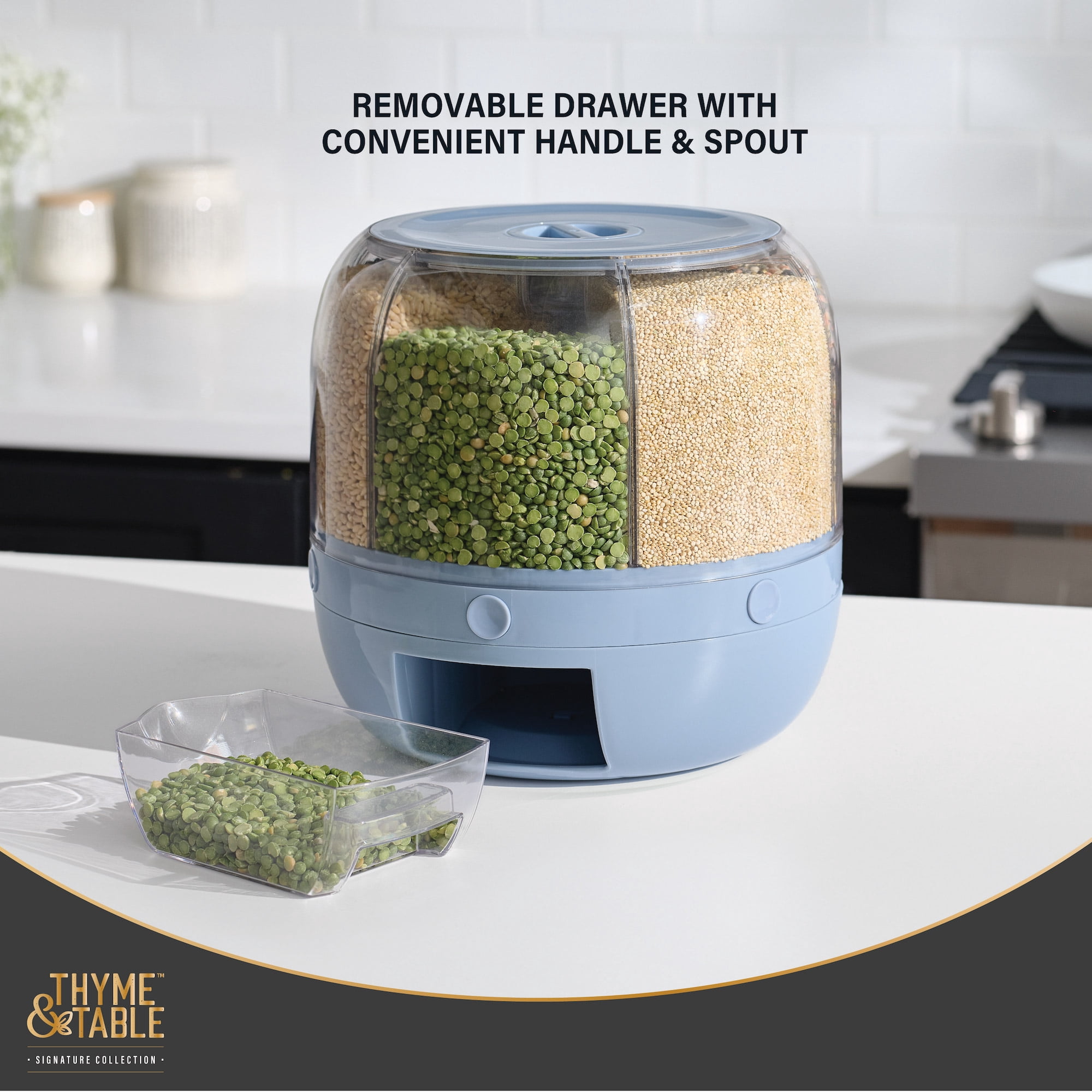Thyme & Table 6 Section Rotating Plastic Food Storage Dispenser with Removable Drawer, Blue