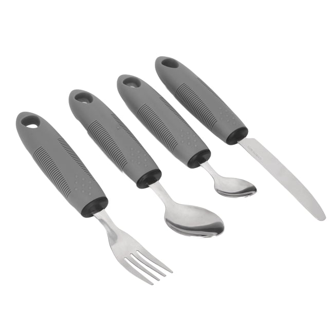 Adaptive Eating Utensils Set, Stainless Steel Hangable Knife Fork Spoon Adaptive Utensils with Non Slip Rubber Handle for Parkinson
