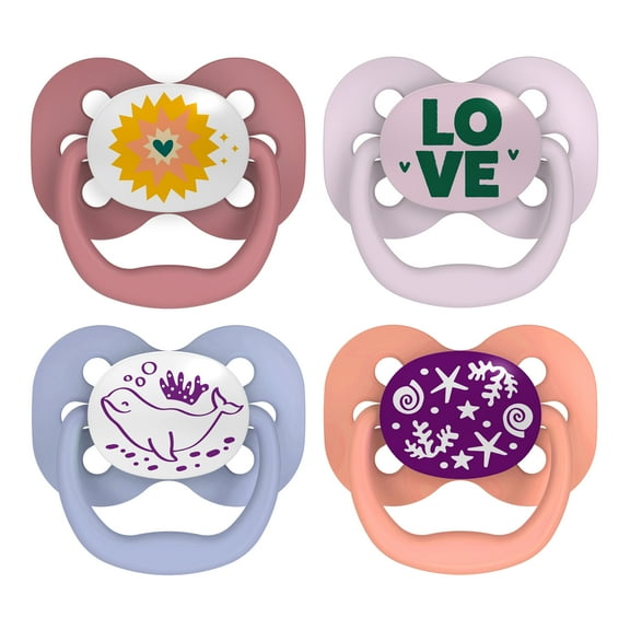 Dr. Brown's Advantage Baby Pacifier, Fully Symmetrical, Silicone Bulb, 0-6m, BPA Free, Love/Glow, 4 Pack