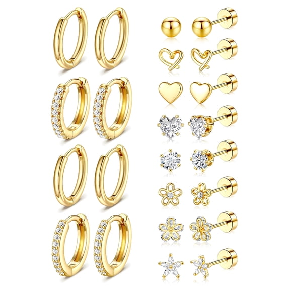 Hypoallergenic Gold Stud Earrings for Women - 14k Gold Plated Surgical Stainless Steel Flat back Earrings Small Huggie Hoop Flatback Earring for Sensitive Ears Screw Back Cartilage Piercing Jewelry