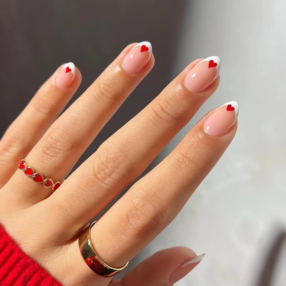 Red Heart Press on Nails Valentines Fake Nails, White French Tip Almond Press on Nails Short False Nails Cute Valentines Almond Stick on Nails for Women Nail Art Decorations 24Pcs