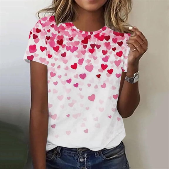 Wowcloth Women's Valentine Print Short Sleeve Blouse, Round Neck Casual Shirt for Valentine's Day and Daily Wear