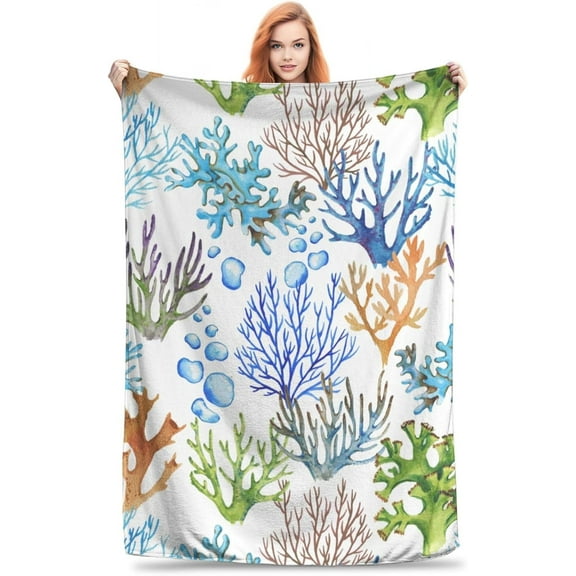 Coral Blanket Hand Drawn Coral Soft Cozy Flannel Lightweight Warm Travel Couch Throw Blankets for Bed Living Room Decor Gifts for Kids Adults 50"x40"