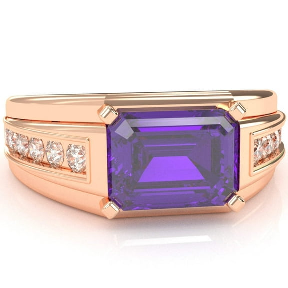 Men's Amethyst Diamond Channel Ring In Solid 14k Rose Gold
