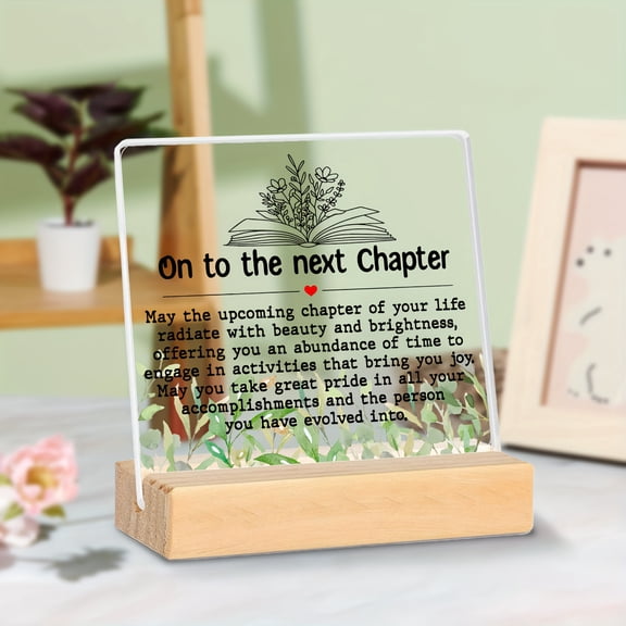 Square Acrylic Retirement Plaque With Wooden Base - Inspirational "Entering The Next Chapter" Gift For Women Teachers And Colleagues - Modern Desk Decor With Floral Design