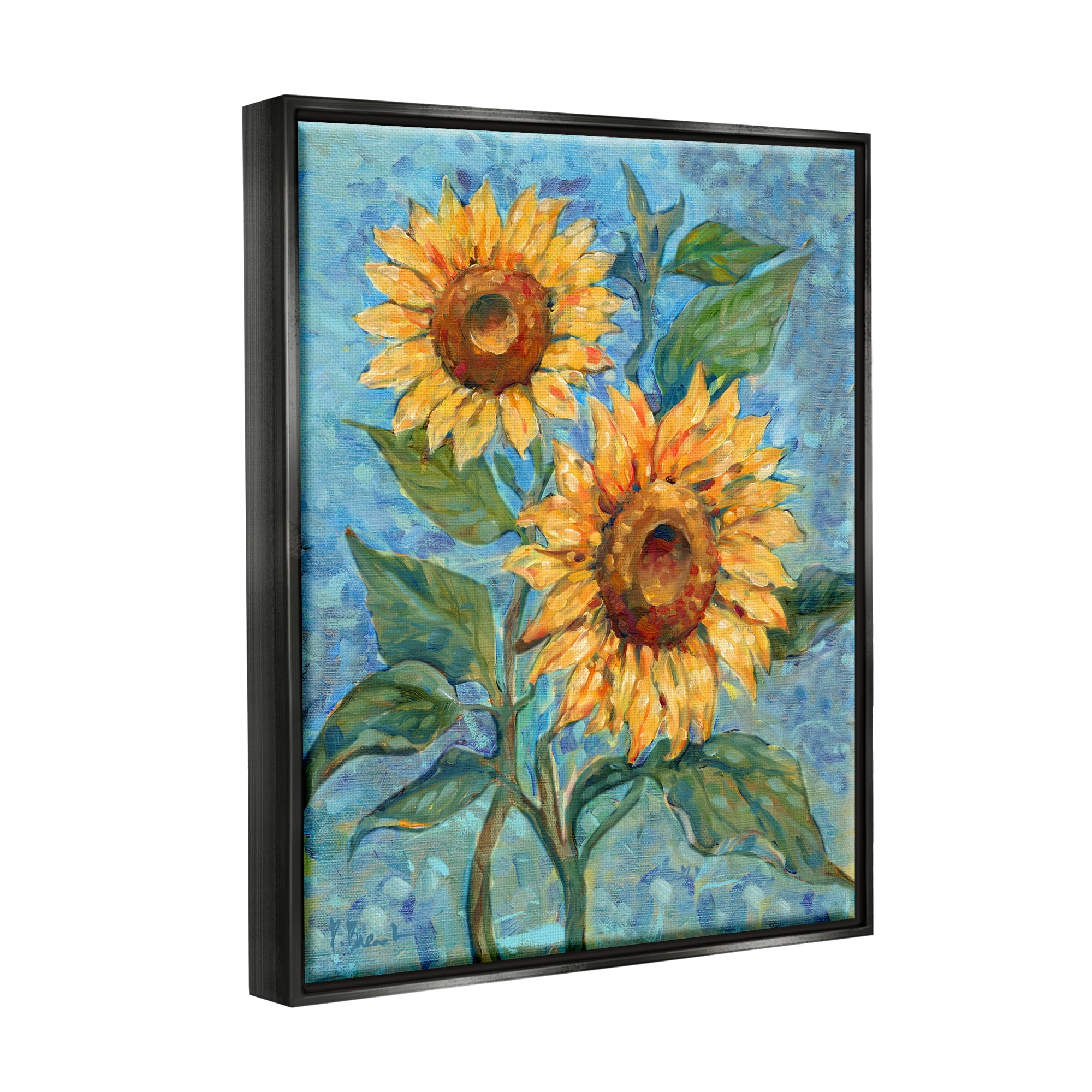 Stupell Industries Traditional Sunflowers on Blue Botanical & Floral Painting Black Floater Framed Canvas Art Print Wall Art, 25 x 31