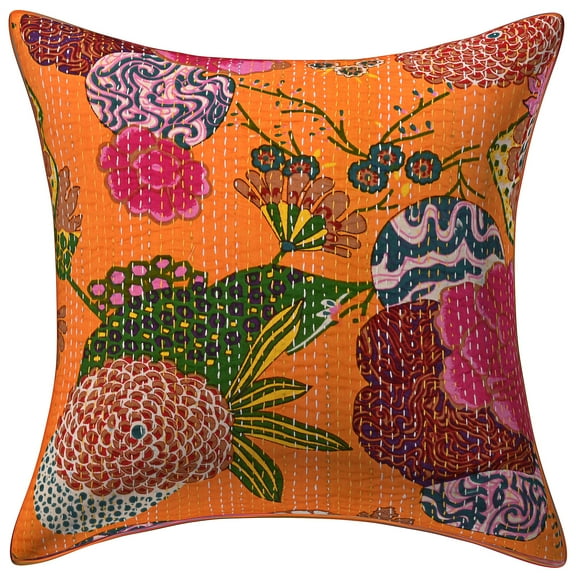 Stylo Culture Ethnic Settee Sofa Throw Pillow Cover 16x16 Kantha Light Orange Printed 40x40 cm Home Decor Accent Pillowcase Cotton Tropicana Square Cushion Cover | 1 Pc