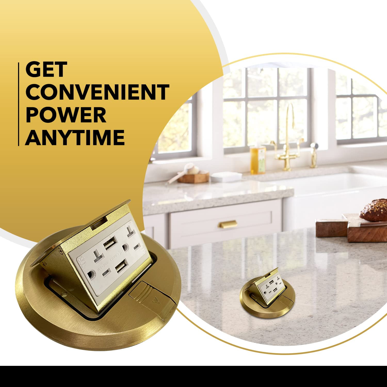 Select Lighting SLFB-PU-USB-BR 20A Pop Up USB Outlet Receptacles, Tamper Resistant Round Electrical Floor Box with Brass Cover, Retractable Recessed Socket for Countertops & Floors