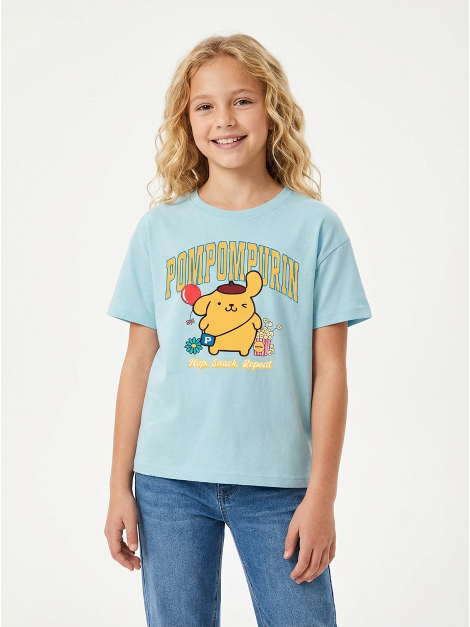 Sanrio Girls Pompompurin Snack Graphic Tee with Short Sleeves, Sizes 4-16