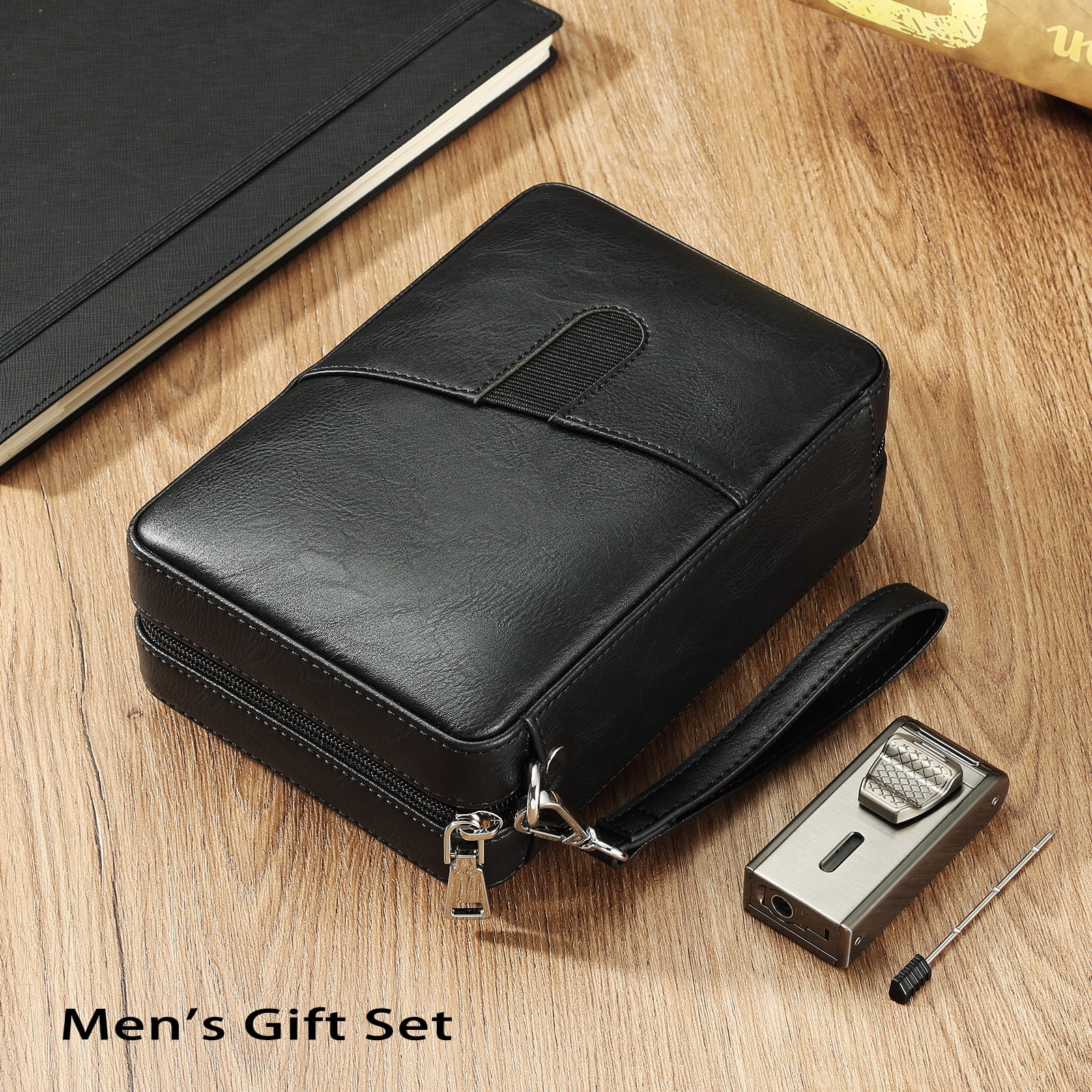 Portable Leather Cedar Wood Cigar Case with Double Jet Flame Lighter