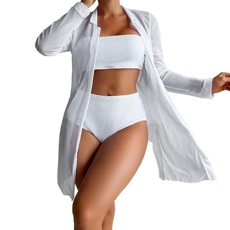 Sexy 3 Bikini Set for Women String Tie Thong Sparkly Swimsuit with Cover Up Skirt White L