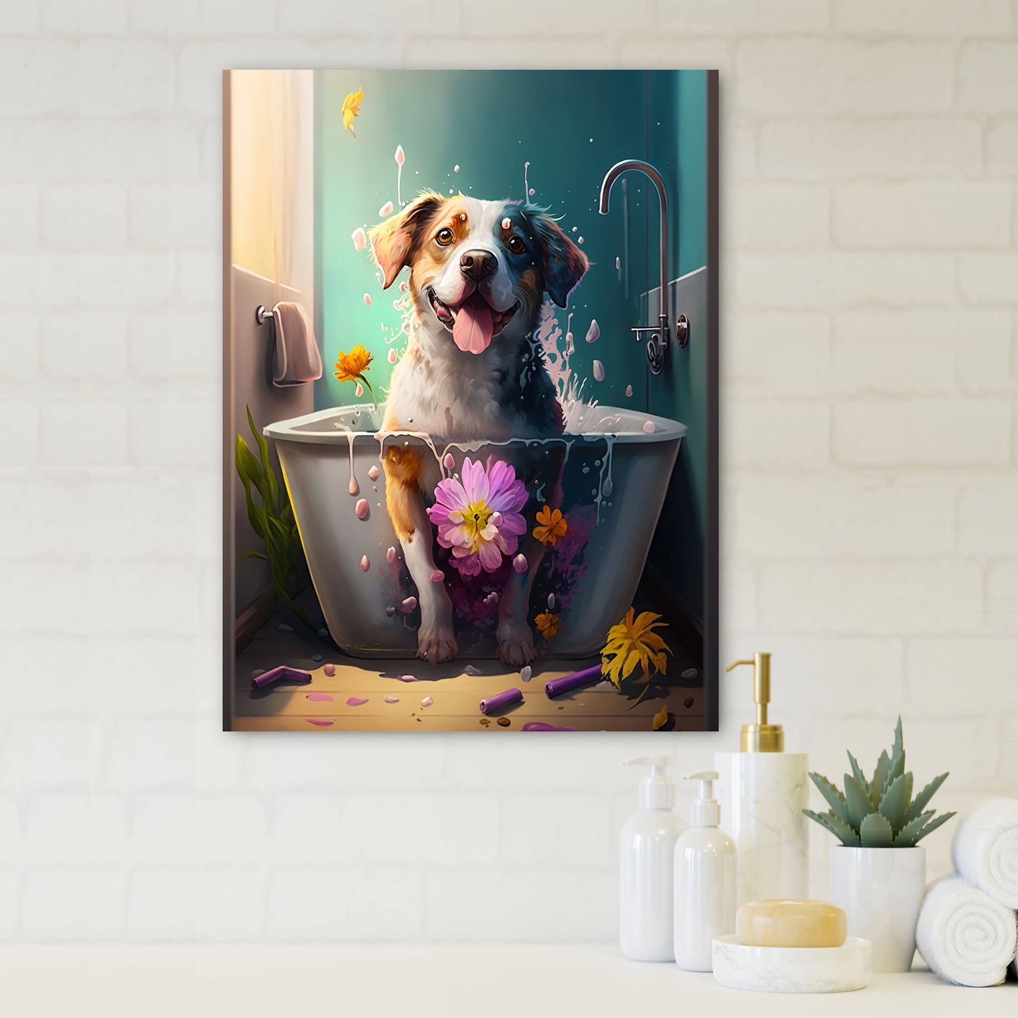 Designart Funny Dog In The Tub II Canvas Wall Art