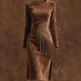 thumbnail image 5 of CIENVNSTG Dresses for Women Suede Retro Western Round Neck Slim Fit Long Sleeved Party Dress Brown L, 5 of 7