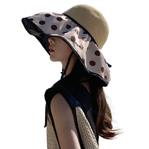 56-58cm hat circumference polka dot sun hat women's outdoor big brimmed beach hat anti-ultraviolet summer sun hatBeige