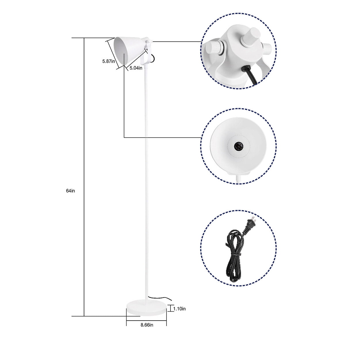 Mainstays 64" Modern Adjustable Head White Floor Lamp with White Shade